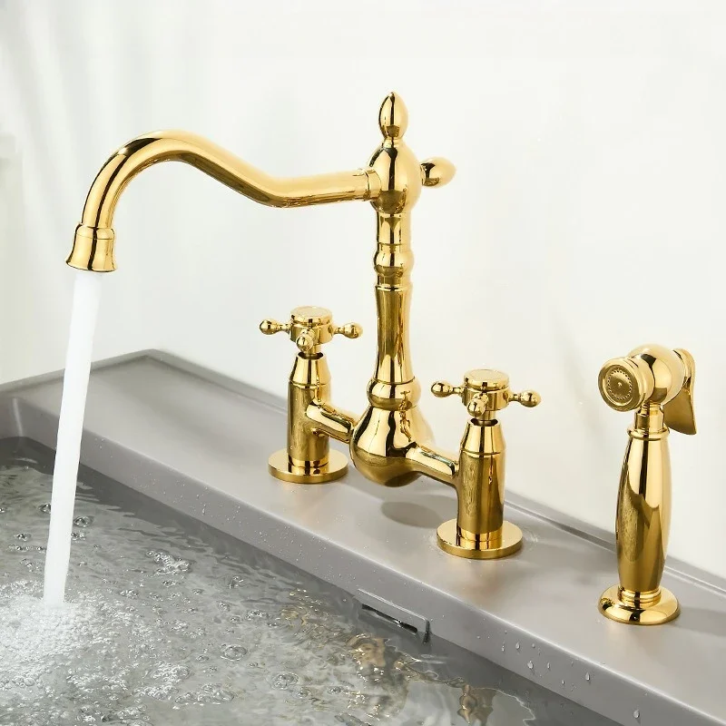 French Retro Brass-Finish Double Hole Tap and Spray Set for Home Kitchens – Hot and Cold Water Tap with Splash Guard
French Retro Brass-Finish Double Hole Tap and Spray Set for Home Kitchens – Hot and Cold Water Tap with Splash Guard