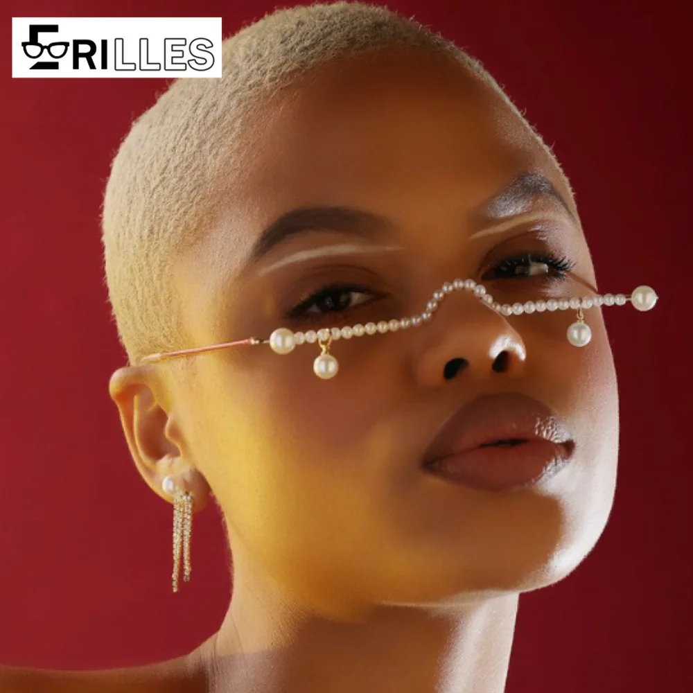 Hip Hop Runway Eyewear, Pearl Accented Frameless Design, Statement Face Accessory, for Performances & Fashion Events 
Hip Hop Runway Eyewear, Pearl Accented Frameless Design, Statement Face Accessory, for Performances & Fashion Events