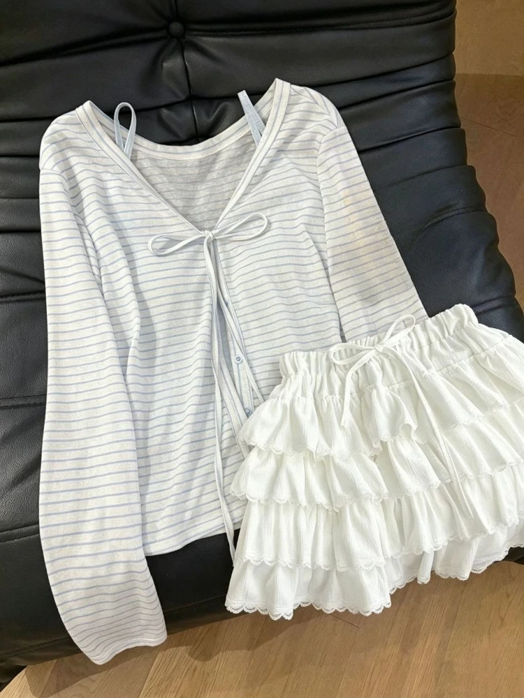 Coquette Sweet Korean Summer Women 3 Piece Set Striped Bow Tie Cardigan Cami Top High Waist Ruffle Lace Skirt Casual Daily Outfi
Coquette Sweet Korean Summer Women 3 Piece Set Striped Bow Tie Cardigan Cami Top High Waist Ruffle Lace Skirt Casual Daily Outfi
