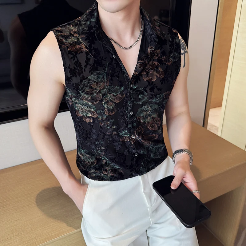 Sexy Flocking Sleeveless Men's Shirt Summer Slim Men Mesh Floral Shirts Club Stage Single-breasted Thin Blouses Man Plus Size
Sexy Flocking Sleeveless Men's Shirt Summer Slim Men Mesh Floral Shirts Club Stage Single-breasted Thin Blouses Man Plus Size