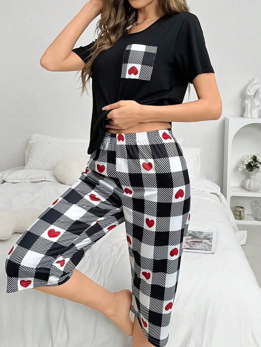 Womens Heart Pocket Plaid Print Pajama Set Short Sleeve
Womens Heart Pocket Plaid Print Pajama Set Short Sleeve