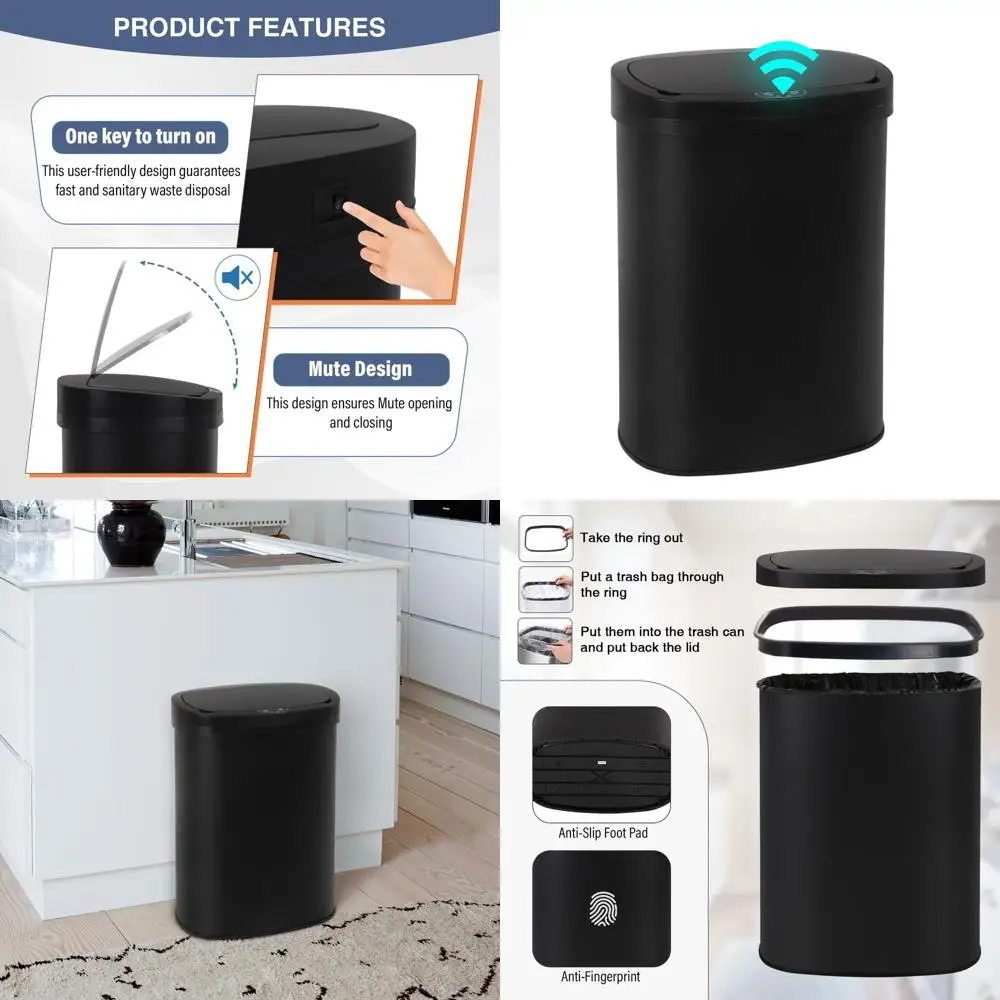 13-Gallon Black Automatic Touch Lid Trash Can with Motion Sensor, Waterproof for Kitchen, Home, and Office
13-Gallon Black Automatic Touch Lid Trash Can with Motion Sensor, Waterproof for Kitchen, Home, and Office