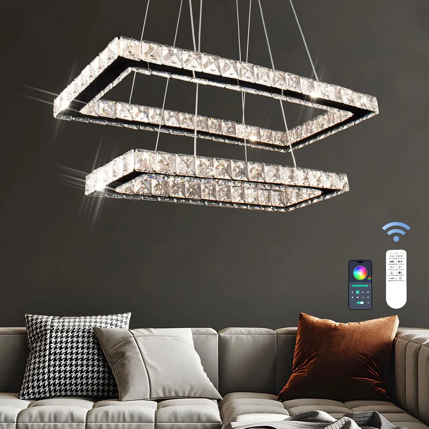 Dimmable Crystal Chandelier, Modern Rectangular 2 Ring LED Pendant Light with Remote & App Control, 20.5"+17" Adjustable Hanging Height, 3 CCT 2500K/4500K/6500K, Kitchen Island Dining Room
Dimmable Crystal Chandelier, Modern Rectangular 2 Ring LED Pendant Light with Remote & App Control, 20.5"+17" Adjustable Hanging Height, 3 CCT 2500K/4500K/6500K, Kitchen Island Dining Room