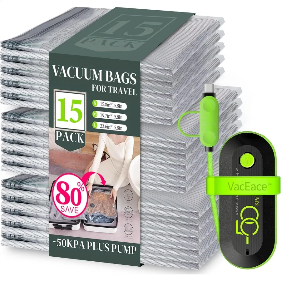 Travel Vacuum Storage Bags with USB Electric Pump 15 Pack Comprion Travel Packing Bags for Lage and Suitcase Carryon Size Space
Travel Vacuum Storage Bags with USB Electric Pump 15 Pack Comprion Travel Packing Bags for Lage and Suitcase Carryon Size Space