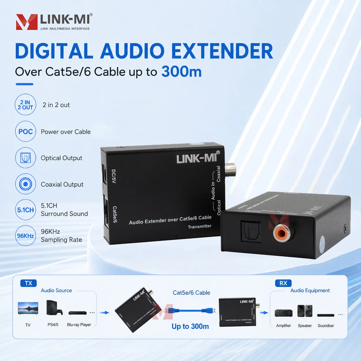 Link-MI 300M/500M Audio Extender via Cat5e/6 Cable RJ45 Ethernet Digital Coax Optical Toslink Extender for Audio & Video Cables
Link-MI 300M/500M Audio Extender via Cat5e/6 Cable RJ45 Ethernet Digital Coax Optical Toslink Extender for Audio & Video Cables