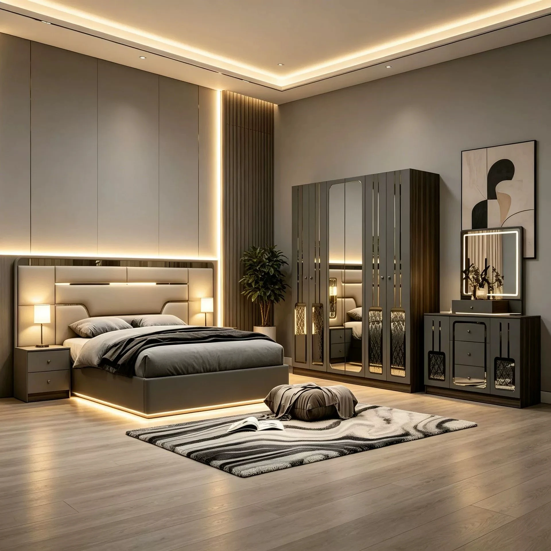 MINBDIBAO Turkish style Bedroom Set – King Bed with Upholstered Headboard, Nightstands, Wardrobe with Mirrored Doors, Dresser
MINBDIBAO Turkish style Bedroom Set – King Bed with Upholstered Headboard, Nightstands, Wardrobe with Mirrored Doors, Dresser