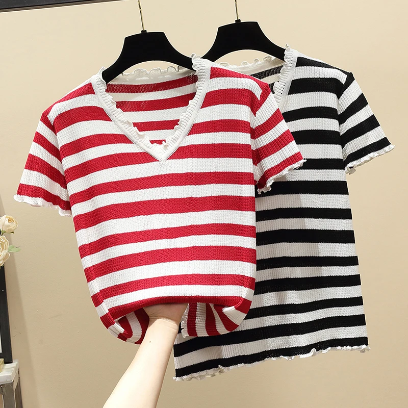 Summer Stripe Jacquard Knitted Tshirt Women Sweater Pullover Oversized Ruffle Short Sleeve V-neck Ladies Jumpers Tops Tees
Summer Stripe Jacquard Knitted Tshirt Women Sweater Pullover Oversized Ruffle Short Sleeve V-neck Ladies Jumpers Tops Tees