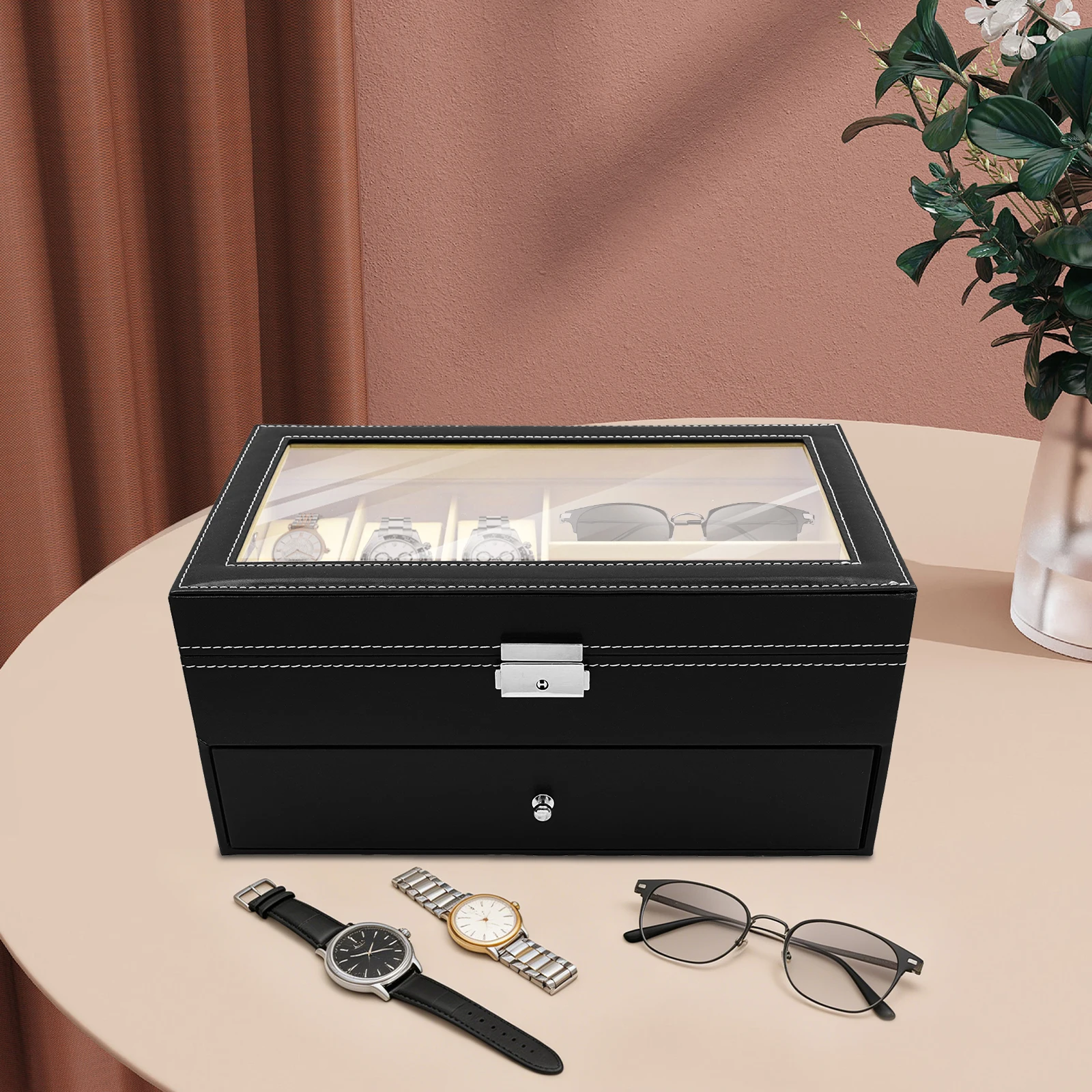 Retro Watch Eyeglasses Storage Box with Lock 6 Slots Watch Case 9 Compartments Glasses Organizer Desktop Jewelry Display Box with Drawer
Retro Watch Eyeglasses Storage Box with Lock 6 Slots Watch Case 9 Compartments Glasses Organizer Desktop Jewelry Display Box with Drawer