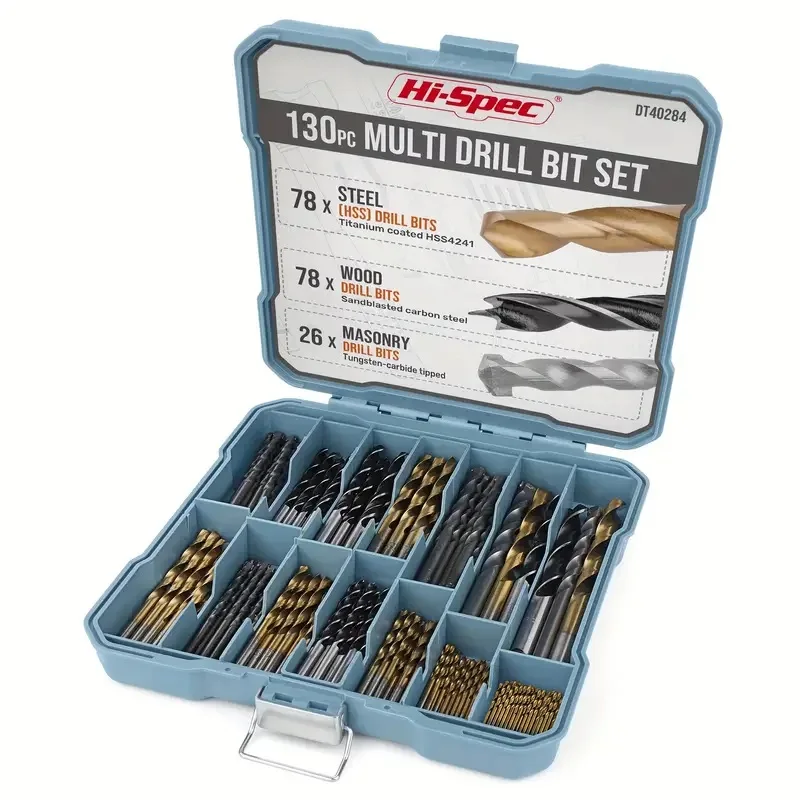130pcs Drill Bit Set Titanium HSS4241 Wood Drill Bits Multi-Use For Wood Steel & Masonry Work In Custom Case
130pcs Drill Bit Set Titanium HSS4241 Wood Drill Bits Multi-Use For Wood Steel & Masonry Work In Custom Case