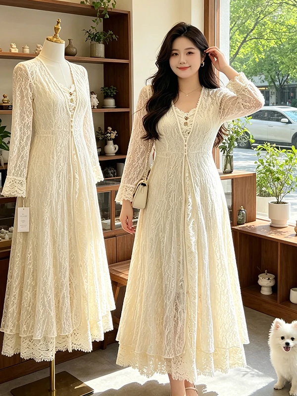 plus Size Lace Long Sleeve Open Cardigan Strap Dress Set Women Summer New Style Two Piece Set High Waist Korean Version Slim Fit
plus Size Lace Long Sleeve Open Cardigan Strap Dress Set Women Summer New Style Two Piece Set High Waist Korean Version Slim Fit