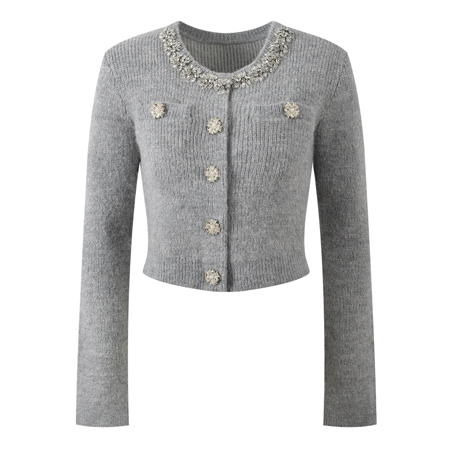 Women's gray diamond inlaid elegant two-piece set long sleeved slim fit short top or slim fit fashionable skirt
Women's gray diamond inlaid elegant two-piece set long sleeved slim fit short top or slim fit fashionable skirt