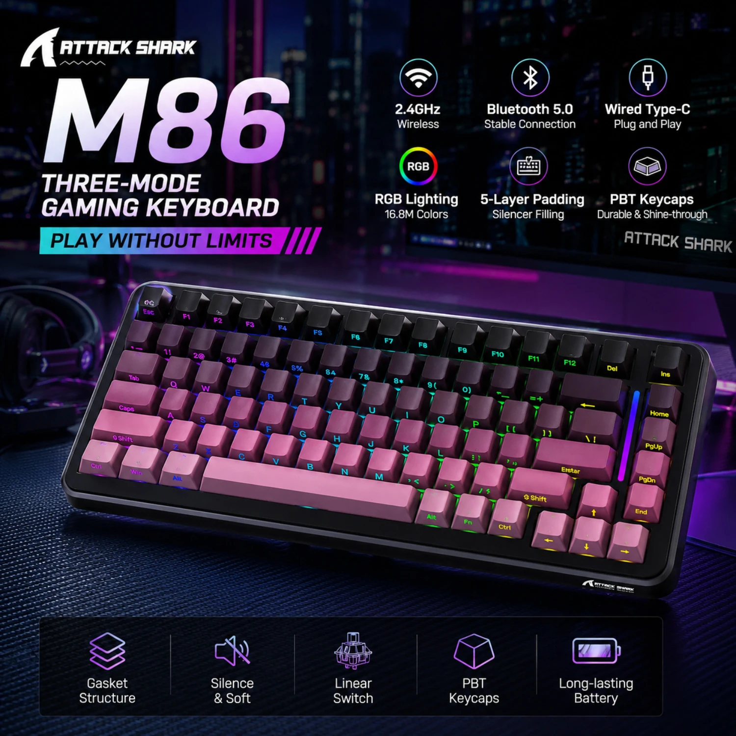 ATTACK SHARK M86 Keyboard,Three-mode Connection,82-key layout,RGB Lighting Effect,Five-layer Filling,4000 mAh Battery Capacity
ATTACK SHARK M86 Keyboard,Three-mode Connection,82-key layout,RGB Lighting Effect,Five-layer Filling,4000 mAh Battery Capacity