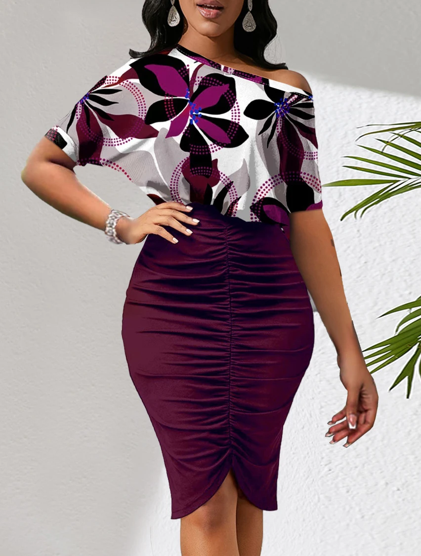 LW Purple Floral Print Boat Neck Ruched Bodycon Body-shipping Stretchy Short Sleeve Knee Length Pencil Dress
LW Purple Floral Print Boat Neck Ruched Bodycon Body-shipping Stretchy Short Sleeve Knee Length Pencil Dress