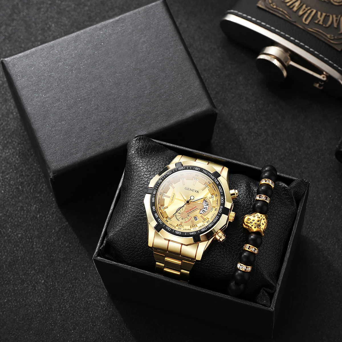 Мужской роскошный золотой хронограф-часы и комплект украшений - спортивные часы Geneva, браслет с черными бусинами и леопардовым принтом, смелый мужественный аксессуар
Мужской роскошный золотой хронограф-часы и комплект украшений - спортивные часы Geneva, браслет с черными бусинами и леопардовым принтом, смелый мужественный аксессуар