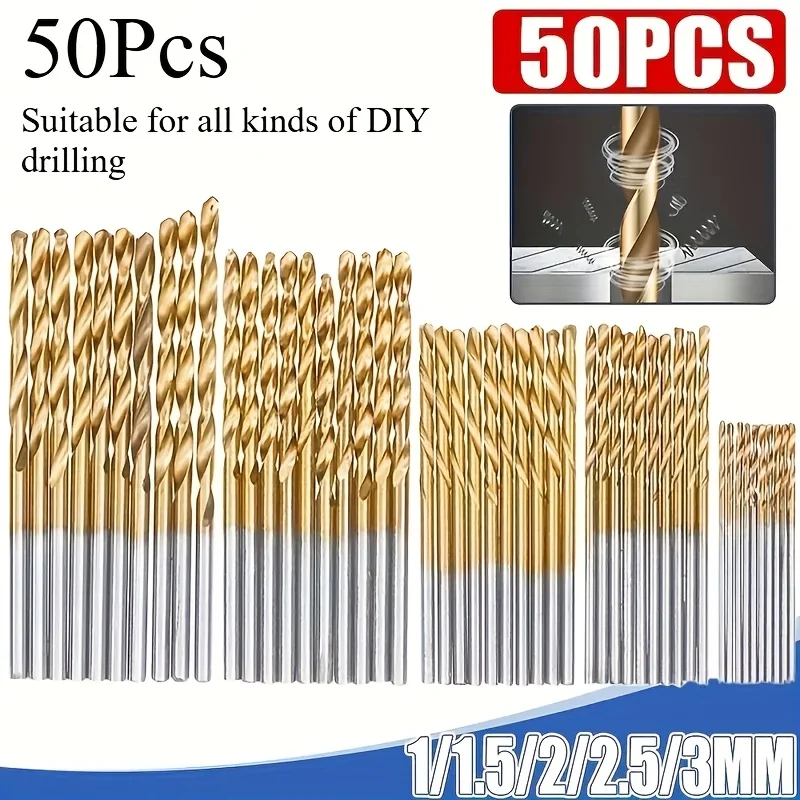 50pcs Titanium Coated High Speed Steel Drill Bits - High Quality 135° Point, Suitable for DIY Handcraft, Woodworking
50pcs Titanium Coated High Speed Steel Drill Bits - High Quality 135° Point, Suitable for DIY Handcraft, Woodworking