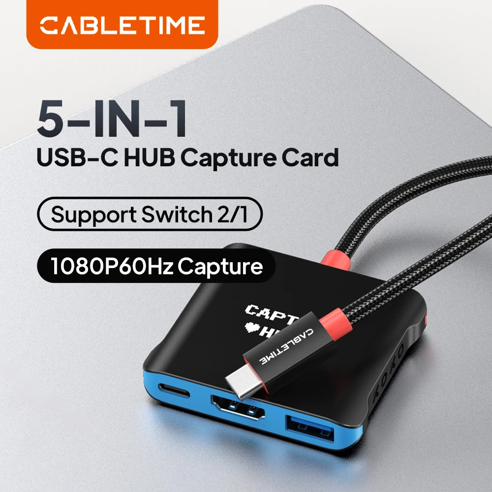 CABLETIME 5 IN 1 HUB Capture Card 4K@30Hz/1080P@60Hz 5Gbps Data Transmission HDMI+USB A+USB C Port Support Switch 2/1 for Laptop
CABLETIME 5 IN 1 HUB Capture Card 4K@30Hz/1080P@60Hz 5Gbps Data Transmission HDMI+USB A+USB C Port Support Switch 2/1 for Laptop