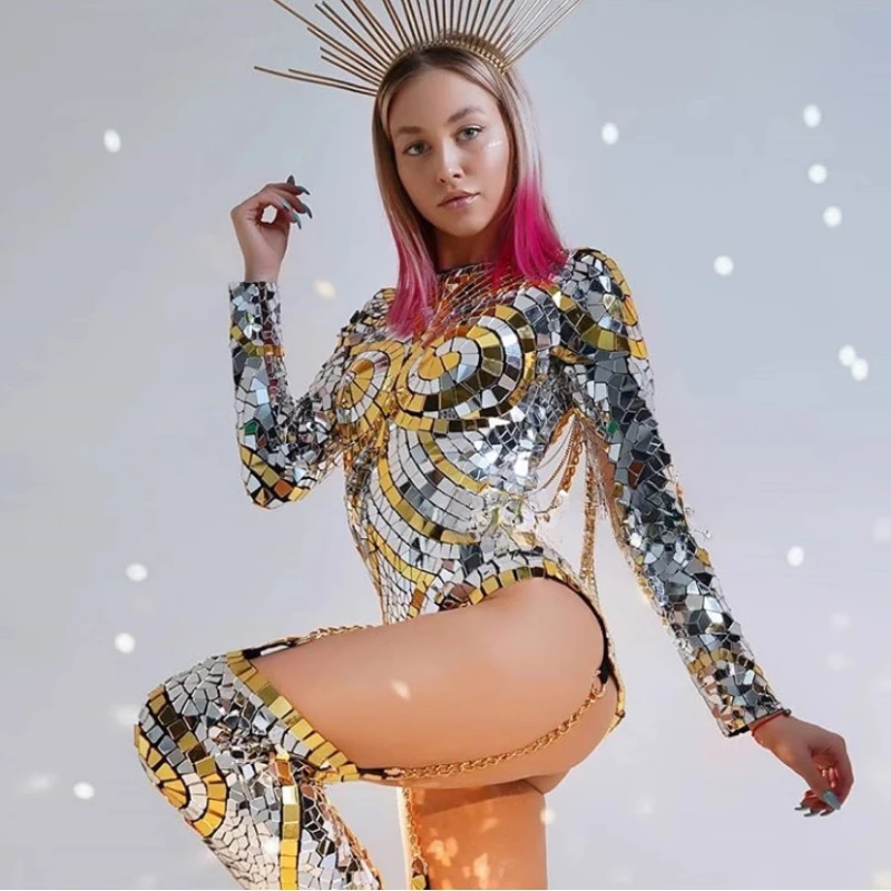 Mirror Women Bodysuit Silver Color-blocking Puzzle Clothes Long-sleeved Dj Jumpsuit High Boots Cover Bar Christmas Costume
Mirror Women Bodysuit Silver Color-blocking Puzzle Clothes Long-sleeved Dj Jumpsuit High Boots Cover Bar Christmas Costume