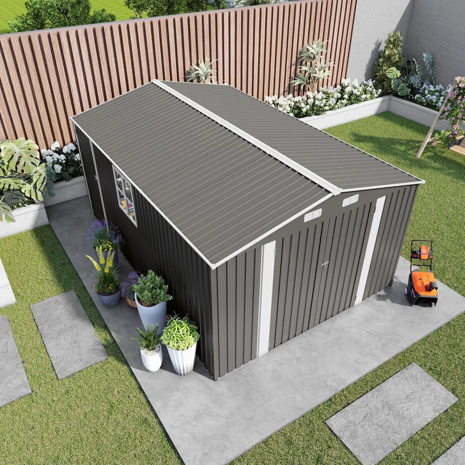 10x14 FT Metal Storage Shed Triple Lockable Doors Clear Window All-Weather Bike Garden Tools Lawn Mower Shelter Grey Custom
10x14 FT Metal Storage Shed Triple Lockable Doors Clear Window All-Weather Bike Garden Tools Lawn Mower Shelter Grey Custom