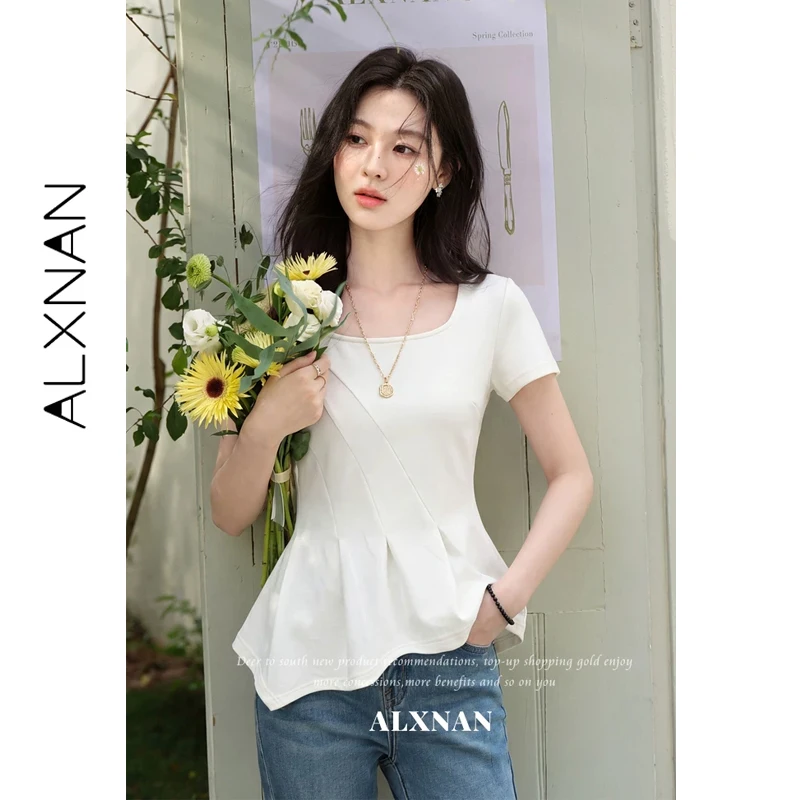 ALXNAN Women's T-shirts Summer Square Neck Short Sleeve T-shirt Simple Fashion Casual Pleated Irregular Hem Tops Ladies L63601A
ALXNAN Women's T-shirts Summer Square Neck Short Sleeve T-shirt Simple Fashion Casual Pleated Irregular Hem Tops Ladies L63601A