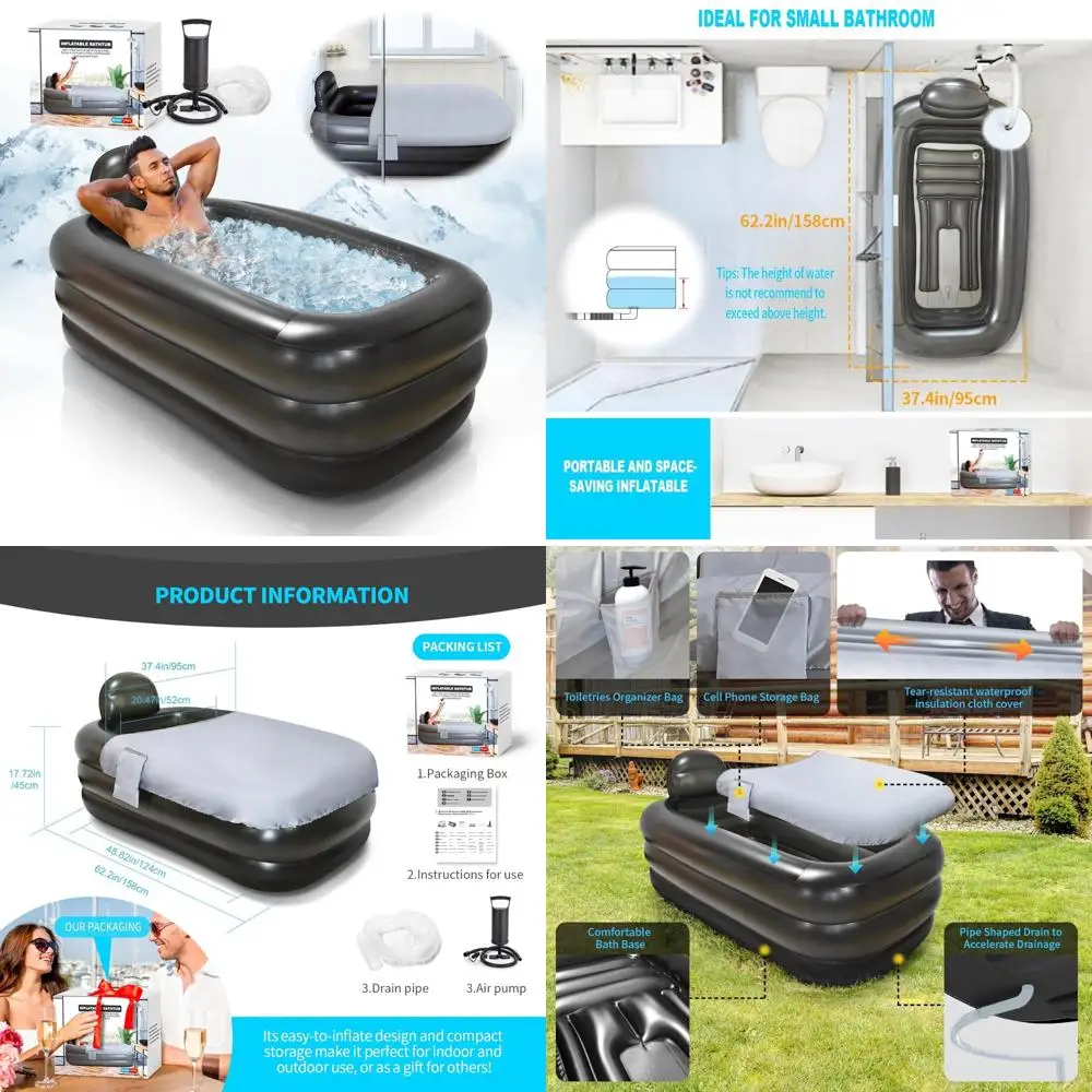 portable bathtub for adults with cover - ice bath & hot tub for athletes recovery, home spa - large inflatable bathtub 62.2x37.4
portable bathtub for adults with cover - ice bath & hot tub for athletes recovery, home spa - large inflatable bathtub 62.2x37.4