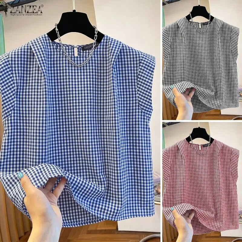 ZANZEA Woman Vintage Gingham Check Blouses Summer O-Neck Cap Sleeves Loose Tops Daily Casual Pleated Detail Streetwear Blusas
ZANZEA Woman Vintage Gingham Check Blouses Summer O-Neck Cap Sleeves Loose Tops Daily Casual Pleated Detail Streetwear Blusas