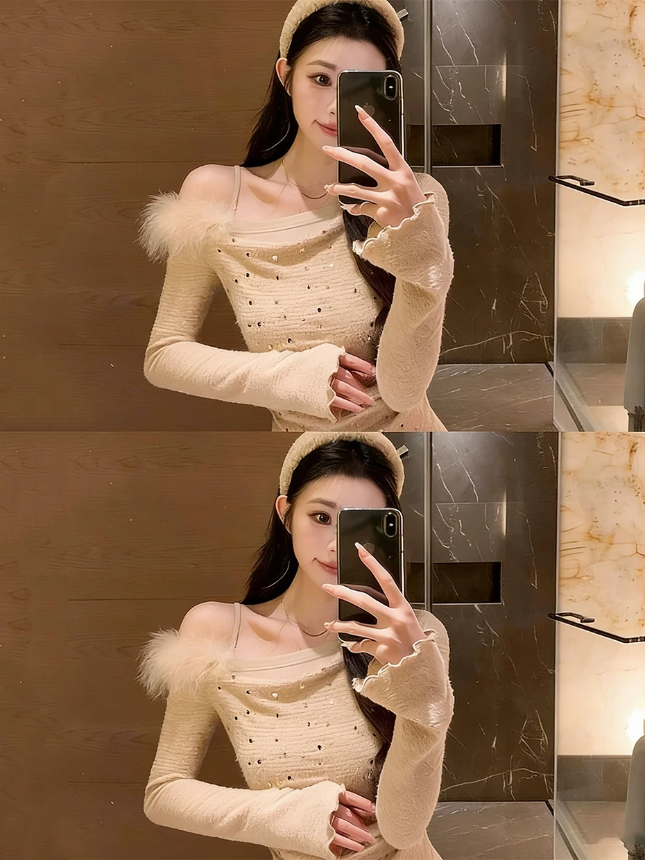 Sexy Sequin Two-Piece Look Knitted Base Layer Shoulder Bared Flared Sleeve Faux Fur Inner Wear Slim Fit Shoulder Bared Top
Sexy Sequin Two-Piece Look Knitted Base Layer Shoulder Bared Flared Sleeve Faux Fur Inner Wear Slim Fit Shoulder Bared Top