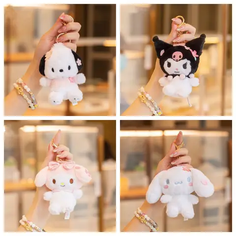 12cm Sanrio Sakura Melody Kuromi Cinnamoroll Pochacco Plush Pendant Girls Backpack Bags Stuffed Keychains Cute Plush Keyrings