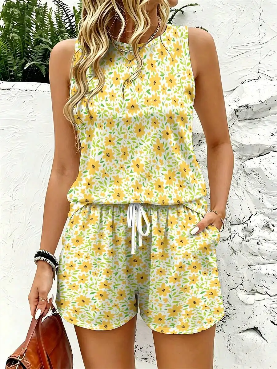 Womens Floral Print Sleeveless Vest And Shorts Two-Piece Set Yellow Green White Casual Home Outdoor
Womens Floral Print Sleeveless Vest And Shorts Two-Piece Set Yellow Green White Casual Home Outdoor