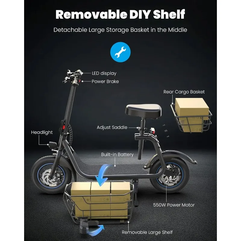 Ample Storage for Pets & Cargo Electric Scooter with Seat for Adults, Speed up to 18.6MPH 550W Powerful Motor, 20-Mile Range
Ample Storage for Pets & Cargo Electric Scooter with Seat for Adults, Speed up to 18.6MPH 550W Powerful Motor, 20-Mile Range