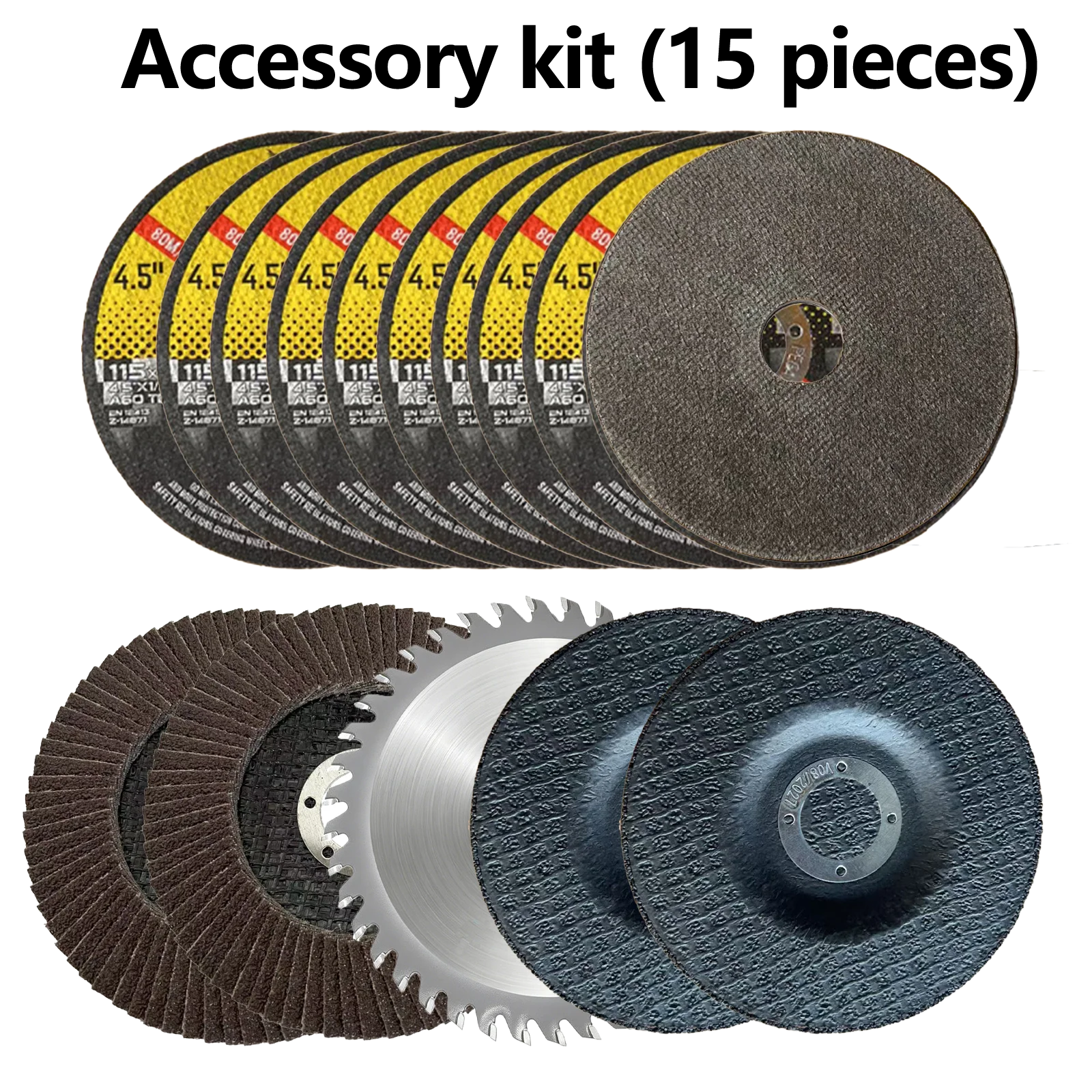 15 pcs of 4.5-inch angle grinder accessory set - 10 grinding wheels, 2 flanging discs, 2 sanding pads, 1 woodworking saw blade
15 pcs of 4.5-inch angle grinder accessory set - 10 grinding wheels, 2 flanging discs, 2 sanding pads, 1 woodworking saw blade