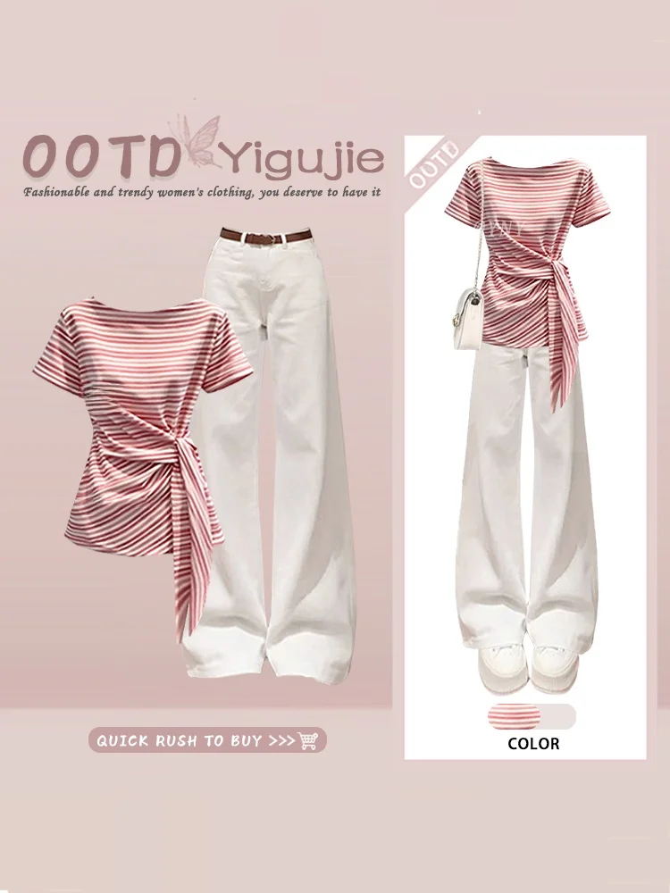 Retro Korean Pink Striped Hong Kong Style Casual Summer Short Sleeve Top And Wide Leg Jeans Two Piece Set for Women
Retro Korean Pink Striped Hong Kong Style Casual Summer Short Sleeve Top And Wide Leg Jeans Two Piece Set for Women