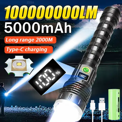 10000000 LM ไฟฉาย LED ที่มีประสิทธิภาพมากที่สุดไฟฉาย Type-C แบบชาร์จไฟได้ระยะไกล 2000 M ไฟฉายยุทธวิธีสําหรับตั้งแคมป์ล่าสัตว์