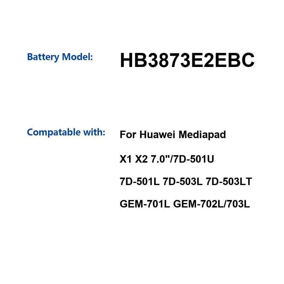 Аккумулятор для планшета HB3873E2EBC 5000 мАч для Huawei Mediapad X1 X2 7,0 "7D-501U 7D-501L 7D-503L 7D-503LT Gem-701L Gem-702L 703L
Аккумулятор для планшета HB3873E2EBC 5000 мАч для Huawei Mediapad X1 X2 7,0 "7D-501U 7D-501L 7D-503L 7D-503LT Gem-701L Gem-702L 703L