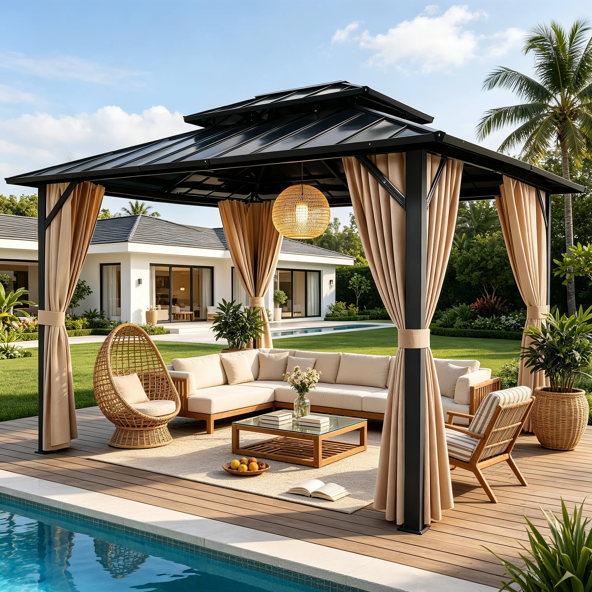 10x12 ft Outdoor Hardtop Gazebo, Metal Double Roof Patio Canopy with Curtains, Permanent Pavilion for Backyard, Garden, Deck & Lawn
10x12 ft Outdoor Hardtop Gazebo, Metal Double Roof Patio Canopy with Curtains, Permanent Pavilion for Backyard, Garden, Deck & Lawn