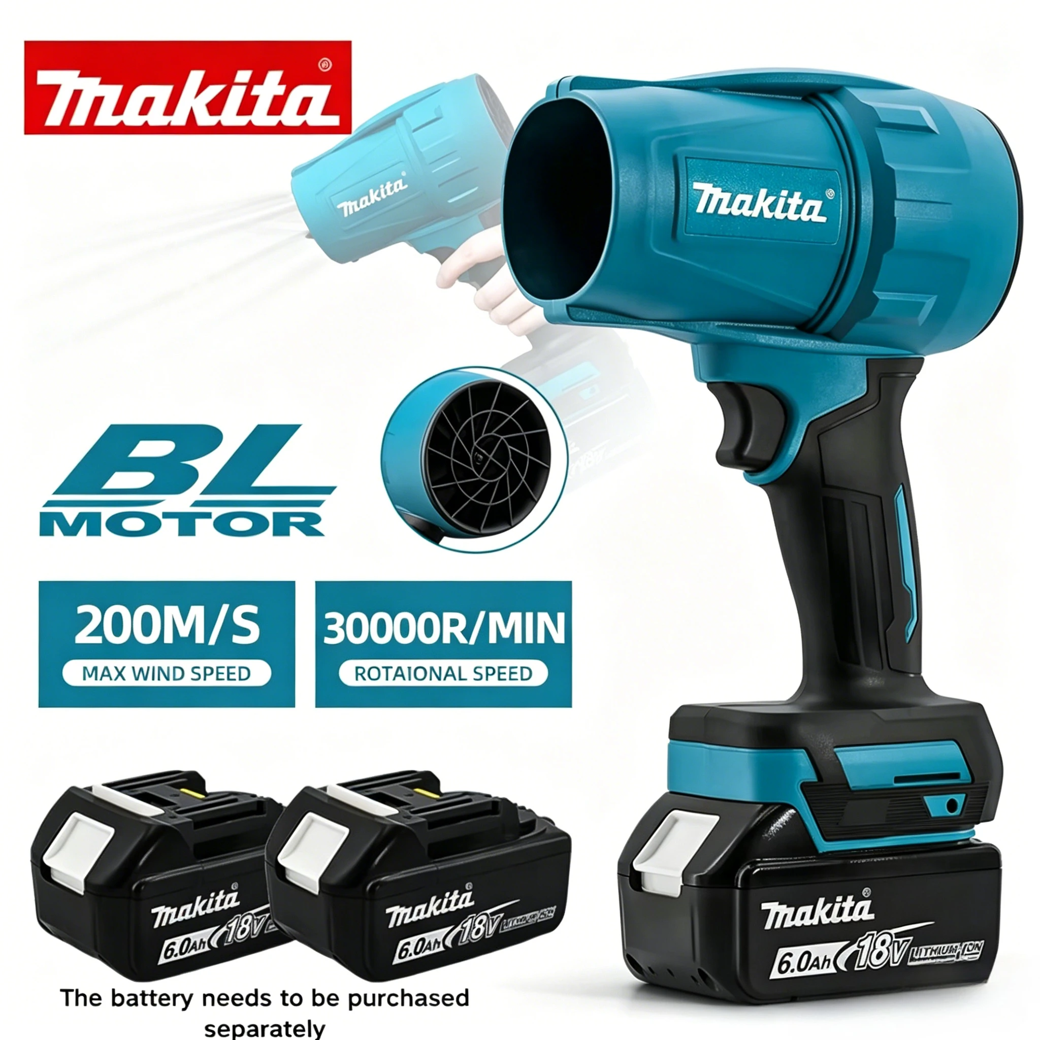 Makita 22000RPM Violent Blower Turbo Jet Fan 18V Electric Air Duster Wind Speed Turbo Rechargeable with Light Car Cleanin Tool
Makita 22000RPM Violent Blower Turbo Jet Fan 18V Electric Air Duster Wind Speed Turbo Rechargeable with Light Car Cleanin Tool