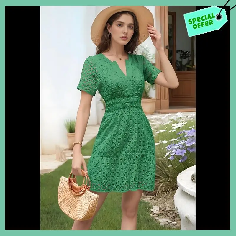 Sturdy Women's Summer Short Sleeve Mini Dress V Neck Cutout Eyelet High Waist A-Line Hem Short Party Dress
Sturdy Women's Summer Short Sleeve Mini Dress V Neck Cutout Eyelet High Waist A-Line Hem Short Party Dress