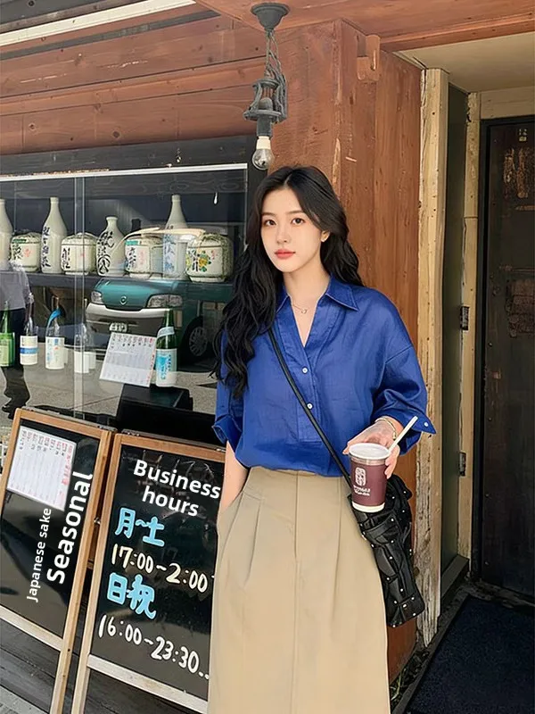 Свободная синяя блузка с рукавом миди в корейском стиле для женщин: новинка весенней коллекции, дышащая, комфортная, премиум-класса
Свободная синяя блузка с рукавом миди в корейском стиле для женщин: новинка весенней коллекции, дышащая, комфортная, премиум-класса