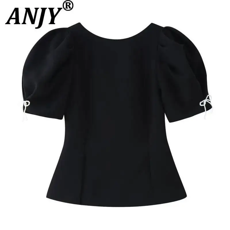 ANJY Summer New Women Elegant Fashion Pearl Bowknot Puff Sleeve Dark Top Stylish O-Neck Short Sleeves Solid Color T-shirt A23745
ANJY Summer New Women Elegant Fashion Pearl Bowknot Puff Sleeve Dark Top Stylish O-Neck Short Sleeves Solid Color T-shirt A23745