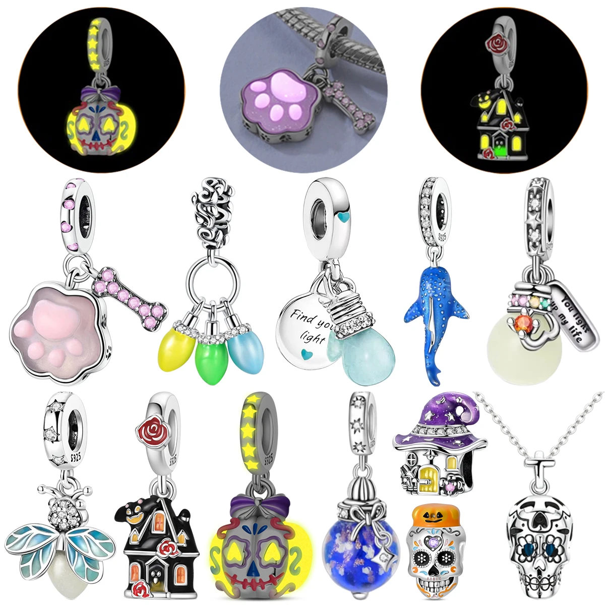 Светящиеся шармы из стерлингового серебра 925 пробы: Лапка кошки, череп, лампочка, бутылочка. Светящиеся бусины для браслетов, ожерелий, украшений своими руками. Подарок.
Светящиеся шармы из стерлингового серебра 925 пробы: Лапка кошки, череп, лампочка, бутылочка. Светящиеся бусины для браслетов, ожерелий, украшений своими руками. Подарок.