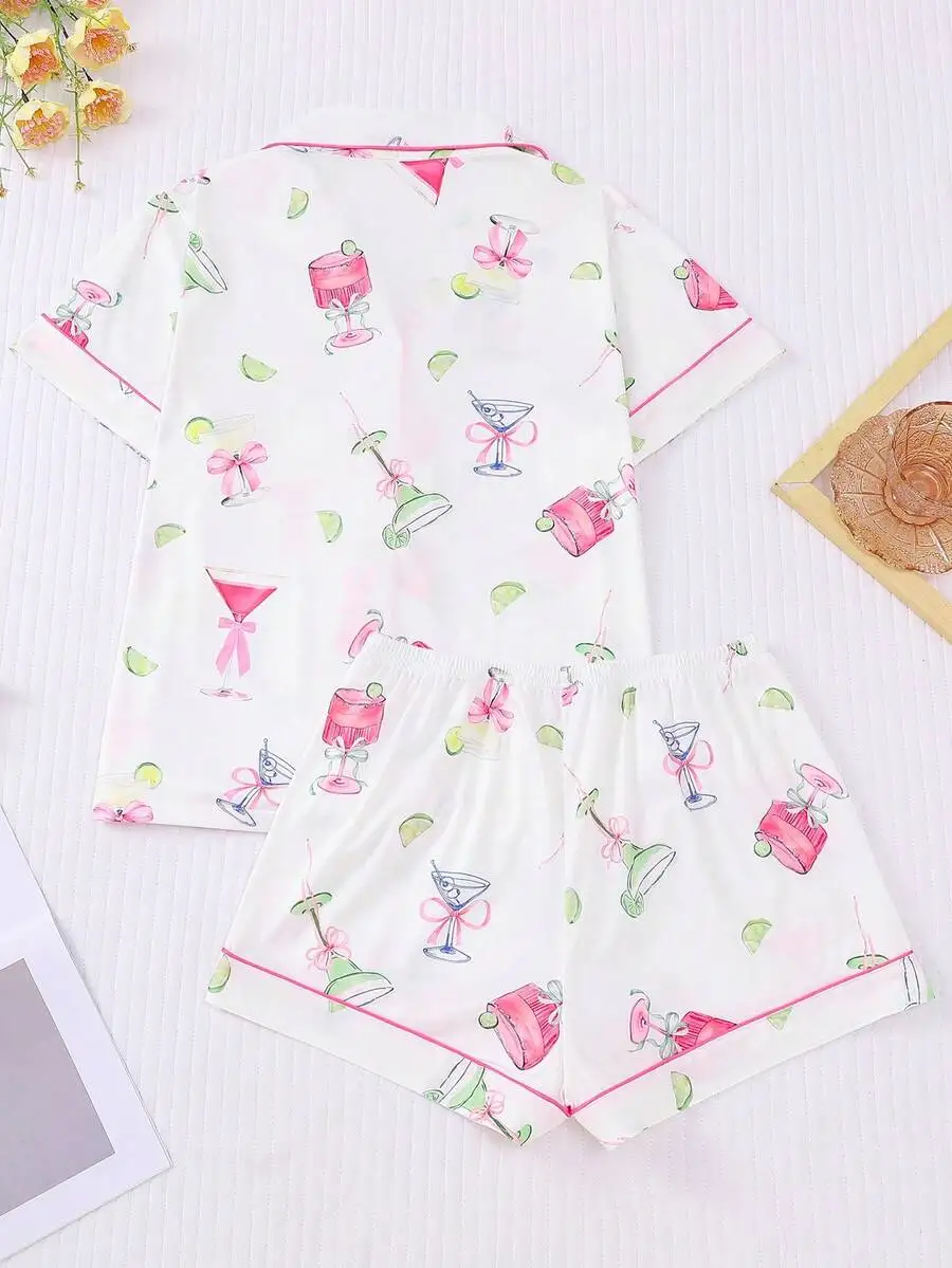 Women Summer Wineglass Print Pajamas Set Short Sleeve Collared Top And Elastic Waist Shorts
Women Summer Wineglass Print Pajamas Set Short Sleeve Collared Top And Elastic Waist Shorts