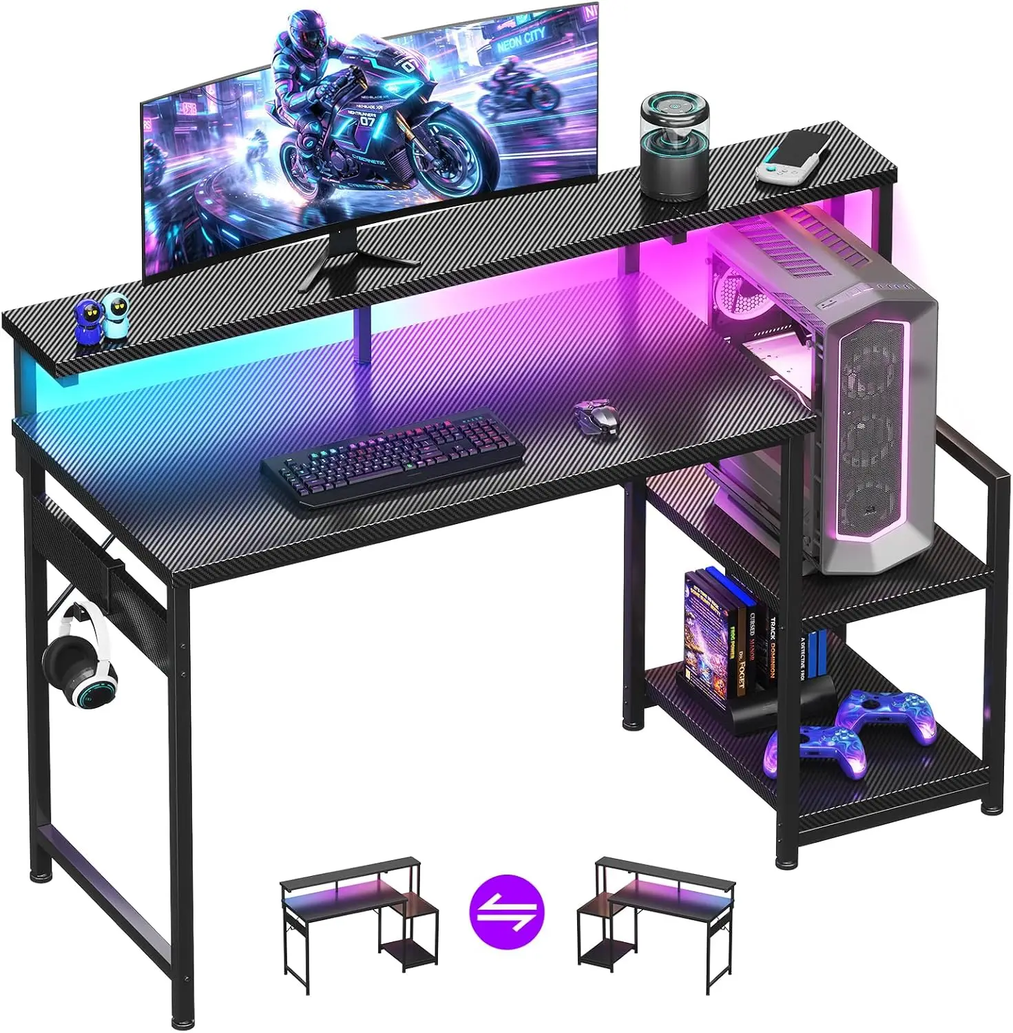 48 Inch Gaming Desk with LED Lights, Computer Desk with Storage Shelves, Reversible Monitor Stand, Carbon Fiber Black
48 Inch Gaming Desk with LED Lights, Computer Desk with Storage Shelves, Reversible Monitor Stand, Carbon Fiber Black