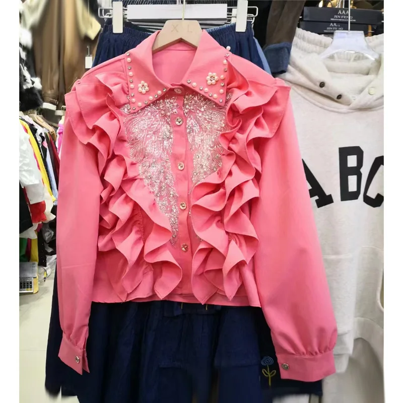 Heavy Industry Beads Diamond Sequin Design Sweet Folded Fungus Lace Splicing Single-breasted Short Versatile Shirt Personality
Heavy Industry Beads Diamond Sequin Design Sweet Folded Fungus Lace Splicing Single-breasted Short Versatile Shirt Personality