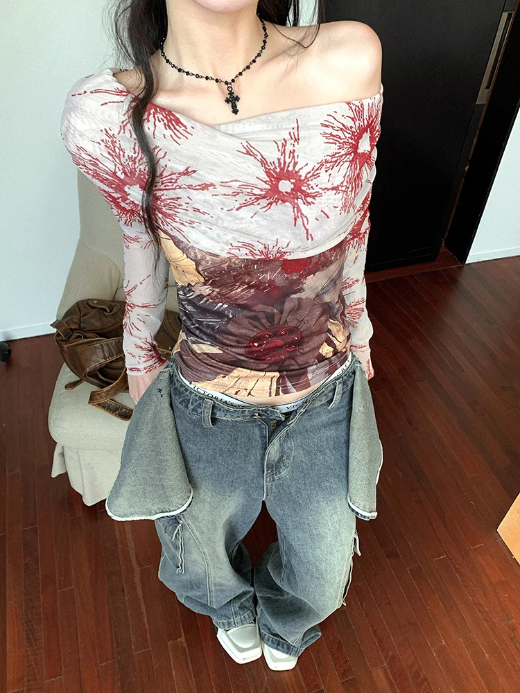 Винтажная красная футболка с длинным рукавом и цветочным принтом, женская осенняя тонкая эластичная сексуальная готическая сетчатая верхняя рубашка в стиле панк
Винтажная красная футболка с длинным рукавом и цветочным принтом, женская осенняя тонкая эластичная сексуальная готическая сетчатая верхняя рубашка в стиле панк