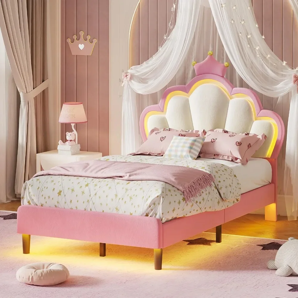 LED Velvet Upholstered Platform Bed Frame with Adjustable Headboard, Twin Size Bed Frame with LED Lights and Princess Crown
LED Velvet Upholstered Platform Bed Frame with Adjustable Headboard, Twin Size Bed Frame with LED Lights and Princess Crown