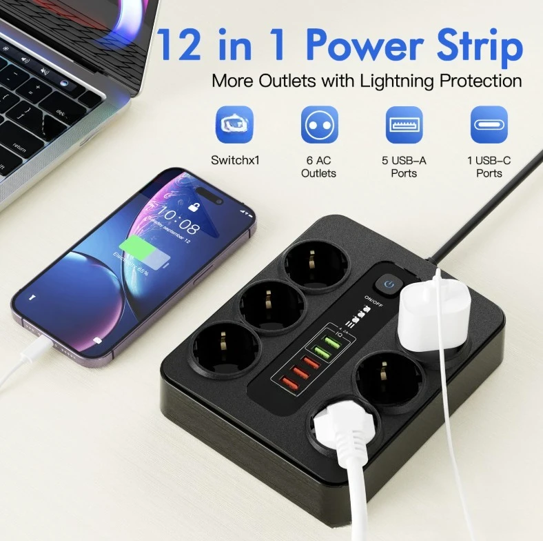 Удлинитель европейского стандарта с 6 выходами и разъемами 5 USB + 1 Type-C и широкоразъемами для зарядки нескольких устройств, конструкция 12-в-1
Удлинитель европейского стандарта с 6 выходами и разъемами 5 USB + 1 Type-C и широкоразъемами для зарядки нескольких устройств, конструкция 12-в-1