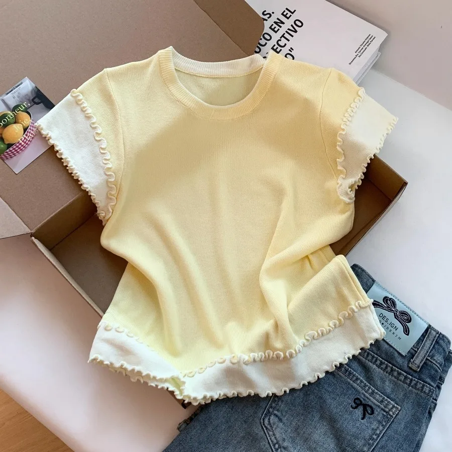 Yellow Splice round Neck Short Sleeve Knitted Top Women's Summer Design Sensible Stylish Base Shirt Korean Style Soft Polyest...
Yellow Splice round Neck Short Sleeve Knitted Top Women's Summer Design Sensible Stylish Base Shirt Korean Style Soft Polyest...