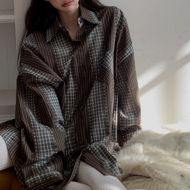 Женские рубашки в клетку с цветными блоками в стиле ретро, весенне-осенние полосатые рубашки с длинными рукавами, модные рубашки большого размера, топы на пуговицах BF
Женские рубашки в клетку с цветными блоками в стиле ретро, весенне-осенние полосатые рубашки с длинными рукавами, модные рубашки большого размера, топы на пуговицах BF