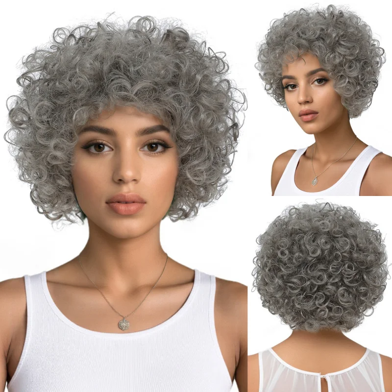 European and American fashion wig, African small afro, gray short curly hair with bangs, high-temperature synthetic fiber
European and American fashion wig, African small afro, gray short curly hair with bangs, high-temperature synthetic fiber