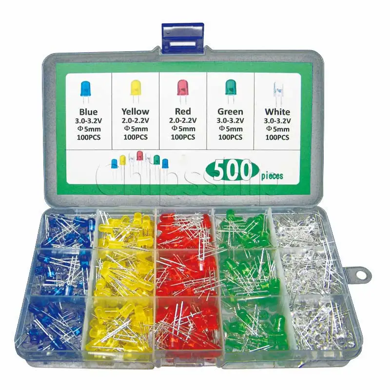 5 Colors of In-line F5mm LED LEDs, 100 Red, Yellow, Blue, Green and White Lights, A Total of 500 Short Feet
5 Colors of In-line F5mm LED LEDs, 100 Red, Yellow, Blue, Green and White Lights, A Total of 500 Short Feet