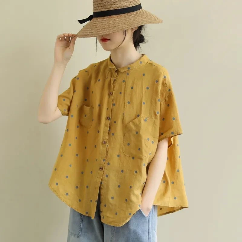 Artistic Vintage Polka Dot Women's Shirt Summer New Style Large Size Doll Top Breathable Loose Fit Short Sleeve Button up
Artistic Vintage Polka Dot Women's Shirt Summer New Style Large Size Doll Top Breathable Loose Fit Short Sleeve Button up